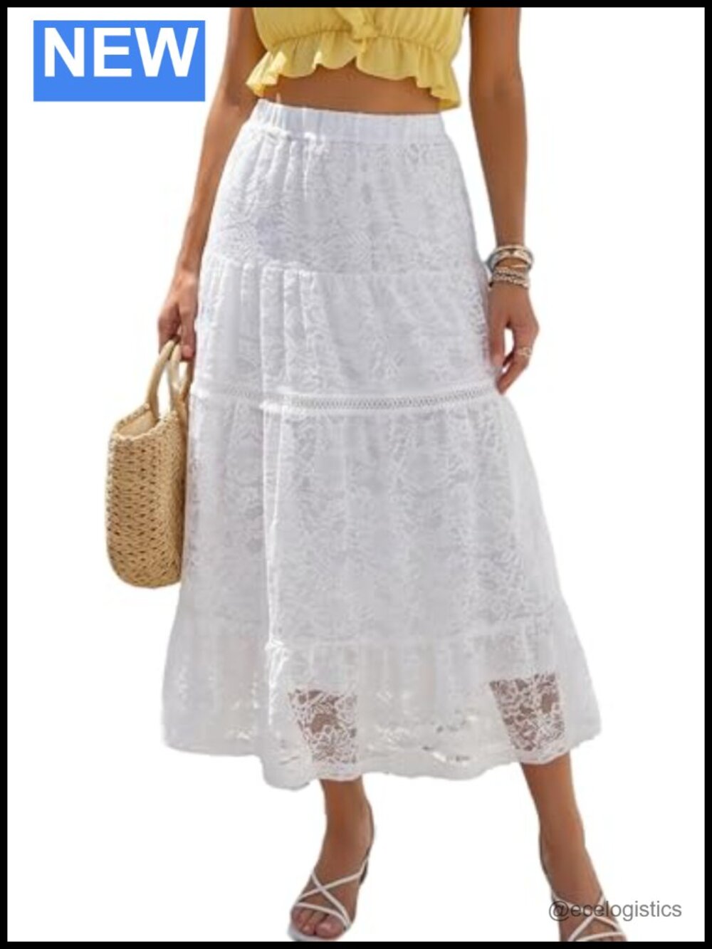 Tiered Eyelet Ruffle Skirt Elastic Waist Midi A-Line